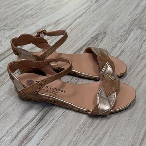 Eric Michael Gold and Tan Leather Open-Slide Sandals